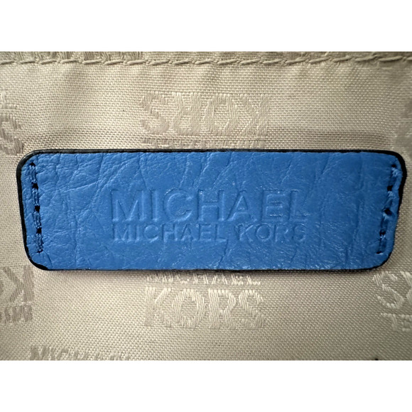 Michael Kors East-West Ring Tote Shoulder Bag Blue Pebbled Leather Tassel MK Tag - Picture 2 of 16